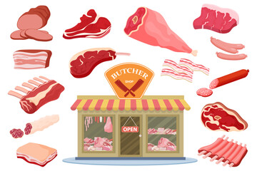 A set of meat products.Butcher shop and meat products.Vector illustration.