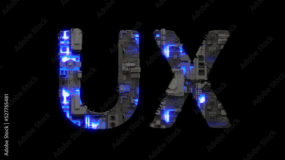 Aufkleber modern cybernetical text ux shining blue electrical light, isolated - object 3d rendering