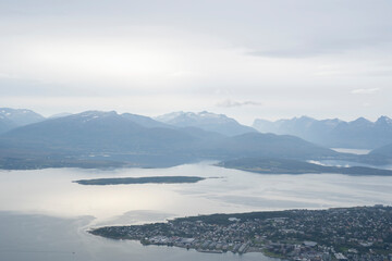 landscape view of the city of Tromso seen from Fjellheisen mountain (Norway)