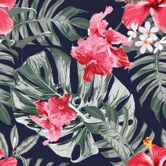 Seamless pattern Hibiscusand frangipani flowers monstera green leaf background.Vector illustration dry watercolor hand drawing stlye.Fabric design texitle