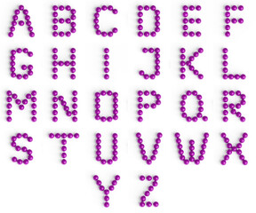 Alphabet from purple balls. Font from shiny glossy balls. 3d illustration. White background. Lettering design element. Bright festive font