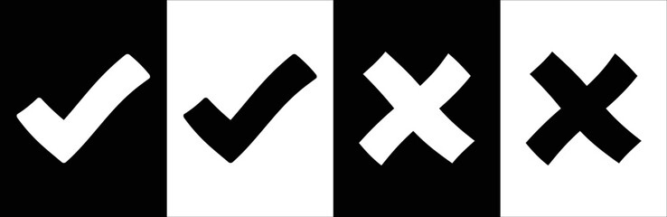 Check mark, Cross mark black icon set. Isolated checkmark symbol, right and wrong sign concept. Vector illustration.