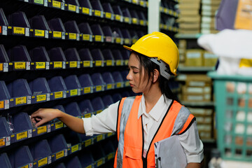 Portrait of Asian woman in helmets woman order details on tablet for checking goods and supplies on shelves with goods background in warehouse.