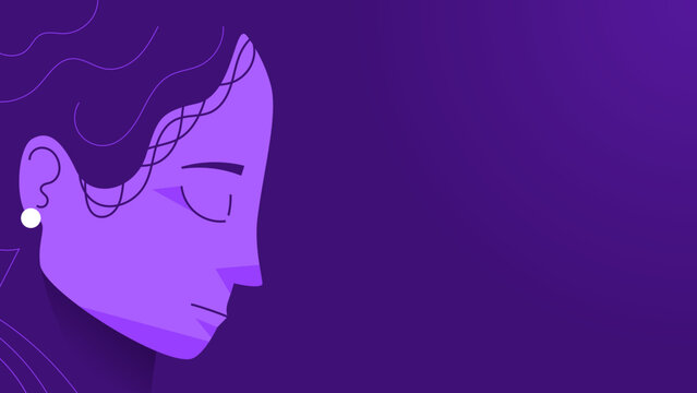 Illustration de femme de profil, le visage pench&eacute;, les yeux ferm&eacute;s, elle exprime un sentiment de tristesse, d&eacute;pression,deuil,psychoth&eacute;rapie,vecteur pour landing page de site internet, f&eacute;minin