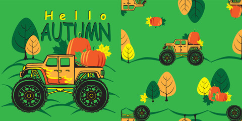 Monster truck car with pumpkins and fall trees on green background. Print for t shirt and seamless pattern. © Marina Smorodinskaya