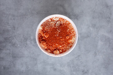 A top down view bowl of esquites.