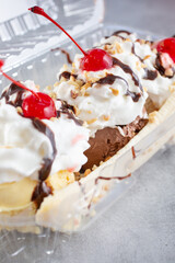 A closeup view of a banana split.