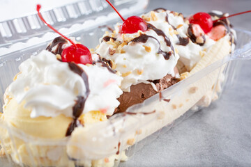 A closeup view of a banana split.