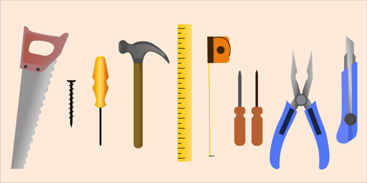 construction tool set, hand tools for constructor vector illustration, saw, nail, screwdriver, hammer, ruler, meter, pliers, cut, mechanic tools for home repairs