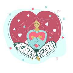 Young woman character sitting on the floor and huge their heart, mental health issues