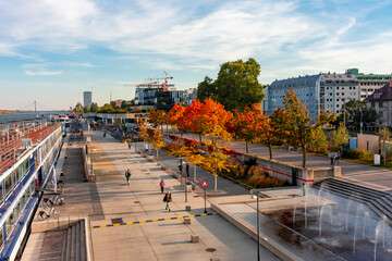 Danube river embankment in autumn, Vienna, Austria