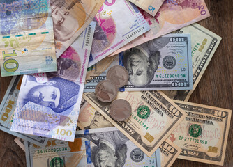 Dollars and lari. Exchange operations, concept. Money exchange in Georgia. Paper money and lari and...