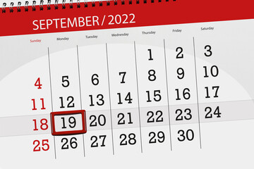 Calendar planner for the month september 2022, deadline day, 19, monday - obrazy, fototapety, plakaty