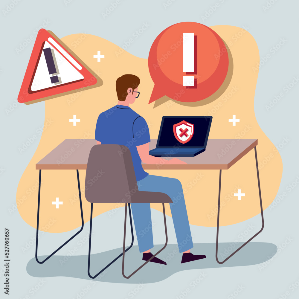 Poster man using laptop with alerts