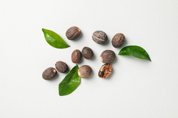Concept of spices and condiments, nutmegs, top view