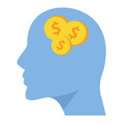 Mental health concept,  head silhouette with money in brain, money lover, business