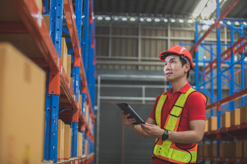 Logistics warehouse industrial worker young commercial portrait delivery helmet.Career Inventory Manager Indoor Person Jobs Industry Security Business