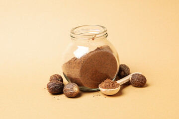 Concept of spices and condiments, nutmeg powder