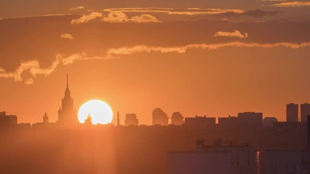 stunning sunset over Moscow on a telephoto lens