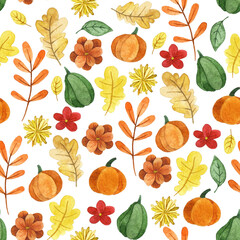 watercolor seamless pattern with autumn leaves, pumpkins and flowers. cute print on the theme of autumn, halloween, thanksgiving.