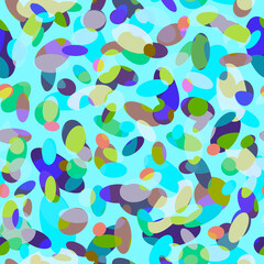 Abstract geometric layered seamless pattern with colorful ovals on a light blue background