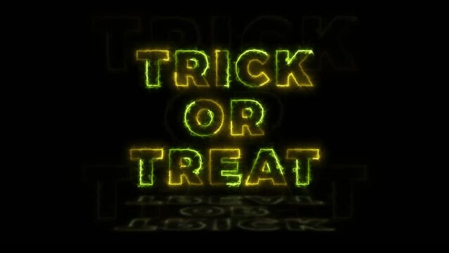 Burning phrase 'Trick or Treat' on a black background. Holiday burning signs in seamless loop motion graphic