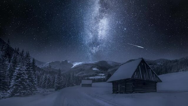 Milky way, cottages and snowy road at night, Tatra Mountains