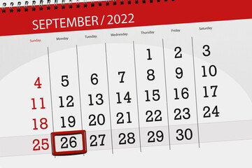 Calendar planner for the month september 2022, deadline day, 26, monday