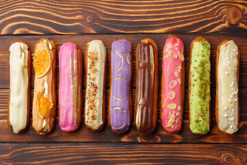 Assortment of sweet and colorful eclairs on wooden background