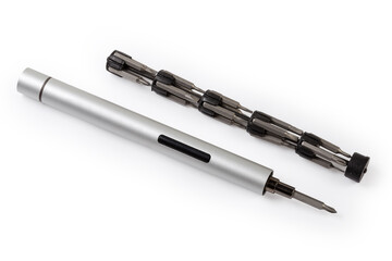 Electric mini screwdriver and set of different interchangeable bits