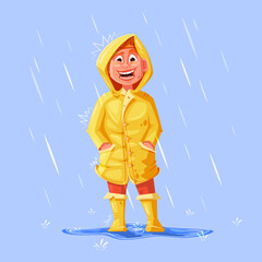 Boy in a yellow raincoat in the rain. Cartoon.