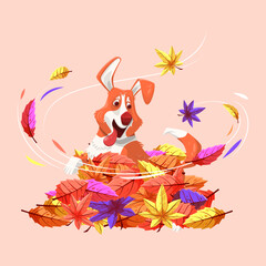 Cartoon dog is playing in a pile of fallen leaves. Corgi.