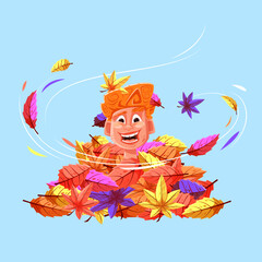 Cartoon boy is sitting in a pile of foliage.