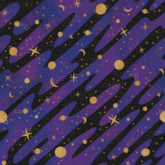 Seamless pattern with stars and planets. Abstract hand drawn night sky background.