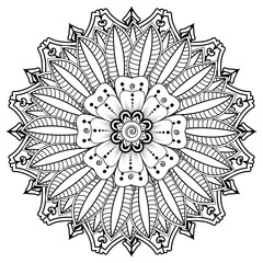 Circular pattern in form of mandala for Henna, Mehndi, tattoo, decoration. Decorative ornament in ethnic oriental style. Coloring book page.