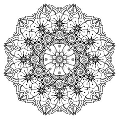 Circular pattern in form of mandala for Henna, Mehndi, tattoo, decoration. Decorative ornament in ethnic oriental style. Coloring book page.