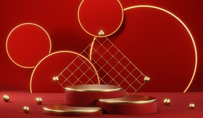 3D rendering of blank product background for cream cosmetics Modern red podium background