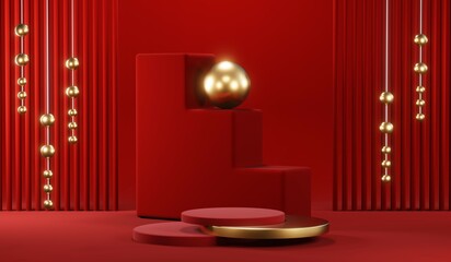 3D rendering of blank product background for cream cosmetics Modern red podium background