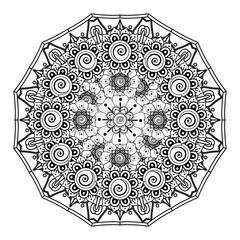Circular pattern in form of mandala for Henna, Mehndi, tattoo, decoration. Decorative ornament in ethnic oriental style. Coloring book page.