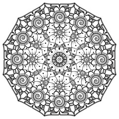 Circular pattern in form of mandala for Henna, Mehndi, tattoo, decoration. Decorative ornament in ethnic oriental style. Coloring book page.
