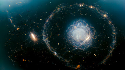 Artist's view of an Einstein ring and intercosmic galaxy in the cosmological deep universe background with nebula