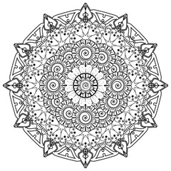 Circular pattern in form of mandala for Henna, Mehndi, tattoo, decoration. Decorative ornament in ethnic oriental style. Coloring book page.