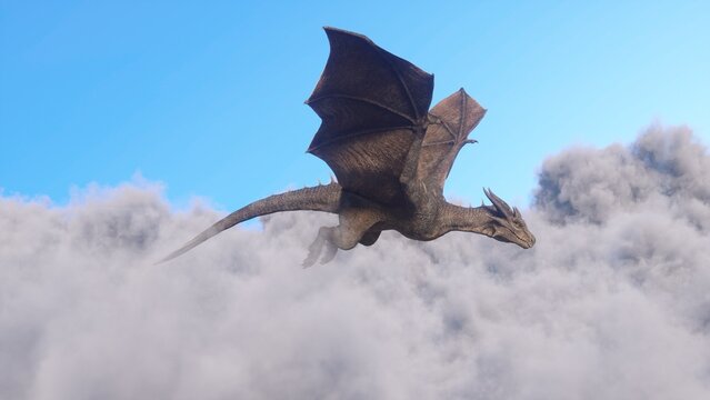 White haired female warrior knight flies on a dragon above the clouds.Fantasy artwork scene. CGI animation 3d rendering