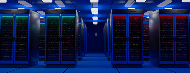 Server room. Server data center. Backup, mining, hosting, mainframe, farm and computer rack with storage information. 3d rendering