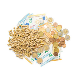 Wooden pellets and euro currency isolated on white background.