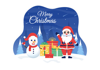 Merry Christmas and Happy New Year Template Hand Drawn Cartoon Flat Background Illustration with with People Celebrating, Snowman and Winter Landscape