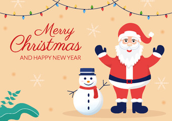 Merry Christmas and Happy New Year Template Hand Drawn Cartoon Flat Background Illustration with with People Celebrating, Snowman and Winter Landscape