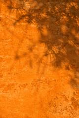 Abstract fir tree leaves shadows on orange concrete wall texture. Abstract trendy colored nature concept background. Copy space for text overlay, poster mockup flat lay 