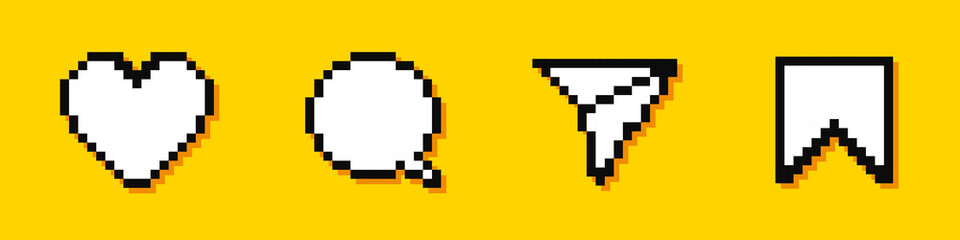 Instagram pixel icons: Like, comment, share, save. VINNITSA, UKRAINE - SEPTEMBER 1, 2022