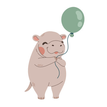 Cute little hippo with green balloon kids vector